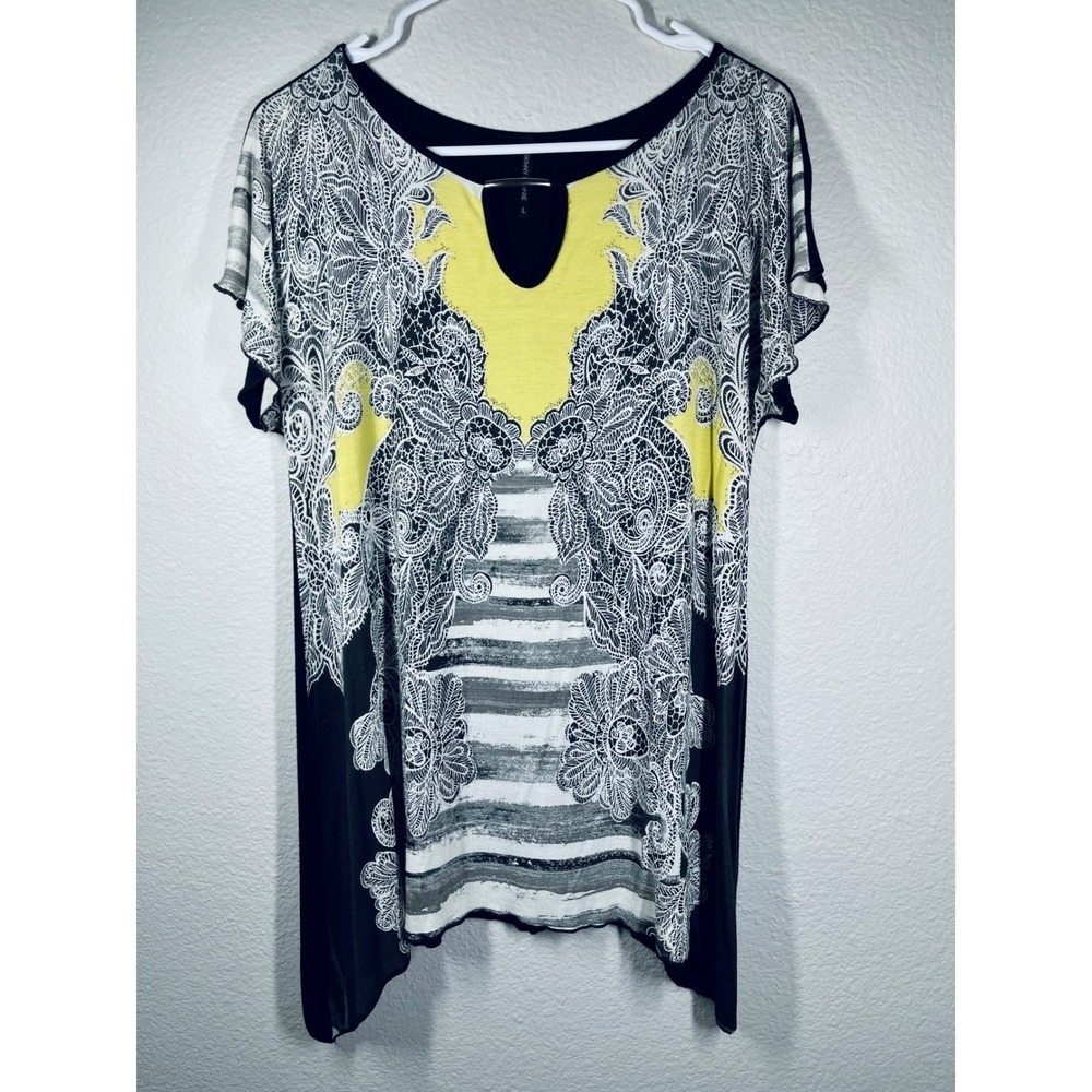 SKINNY MINNIE Women's Sz Lg. Black Yellow White Floral Neck Tunic Top L